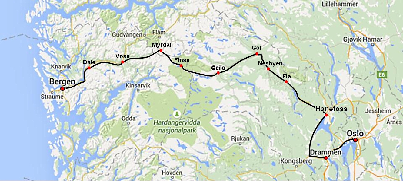 Bergen to Oslo train map